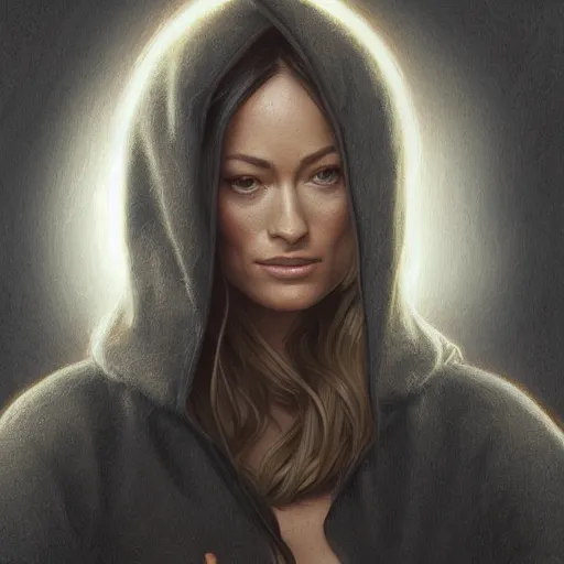Image similar to full figure ultra realistic illustration, olivia wilde with light brown hair wearing a black hoodie, intricate, elegant, highly detailed, digital painting, artstation, concept art, smooth, sharp focus, illustration, art by artgerm and greg rutkowski and alphonse mucha