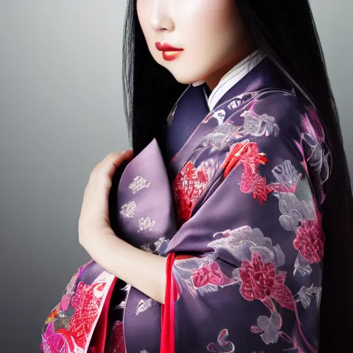 Image similar to A beauty asian woman wearing a kimono, face center close-up, realistc Photography portrait, Photorealistic Color Scheme