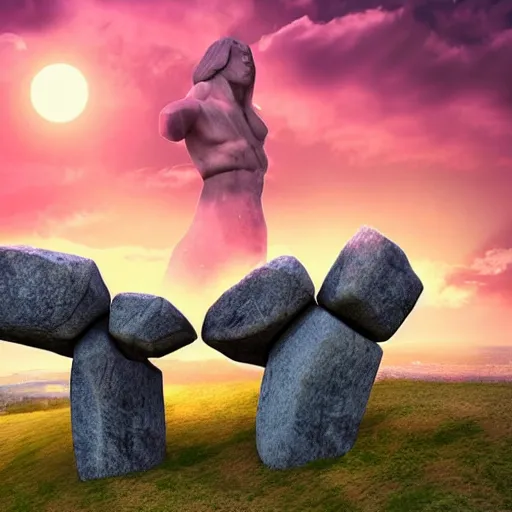 Prompt: a giant stone statue of the greek lambda symbol, epic sunset skies in the background, highly detailed digital art by jullie bell