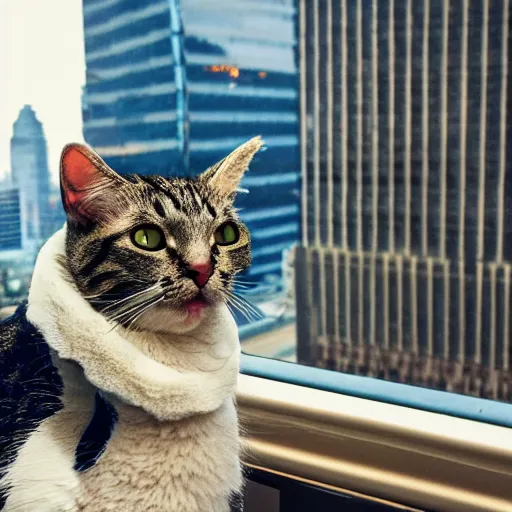 Image similar to a still of a cat in a suit looking out at a city skyline, cinematic,