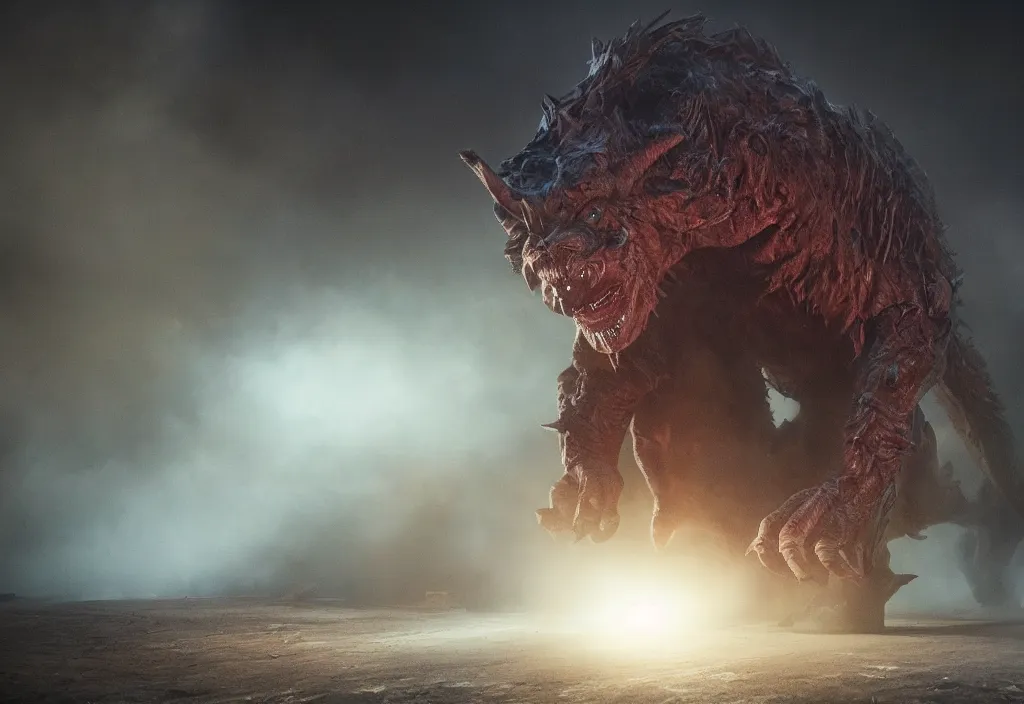 Image similar to vfx color film closeup, huge behemoth monster creature beast by aaron sims, in residential street, low - key lighting award winning photography arri alexa cinematography, hyper real photorealistic cinematic beautiful, atmospheric