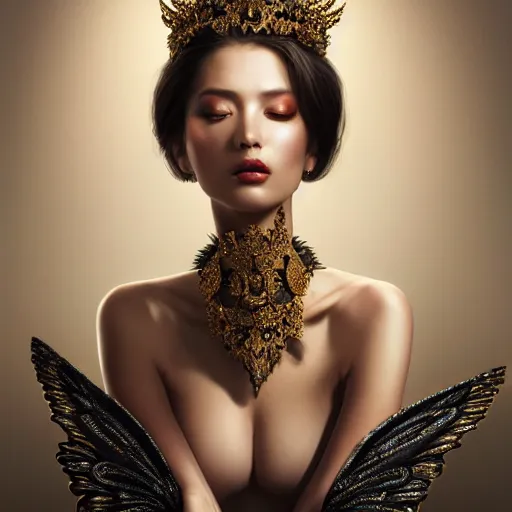 Prompt: expressive oil painting, of alluring european princess, seductive look, smooth glowing skin, glistening body, love, adoration, ornate headpiece made of black beads, glamour shot, slim, wings, by yoshitaka amano, by greg rutkowski, by jeremyg lipkinng, by artgerm, digital art, octane render, white dress