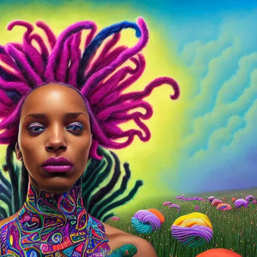 Image similar to a wide angle shot of a black girl with colorful dreadlocks in a field of candy, by Adi granov and afarin sajedi and amanda sage and evgeni gordiets and Agostino Arrivabene and adonna khare in a psychedelic portrait style, ultrarealistic matte painting, volumetric lighting, fractal, extremely symmetrical, highly detailed face, orisha, 8k, hd