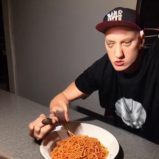 Prompt: “ eminem eating m & ms and mom ’ s spaghetti ”