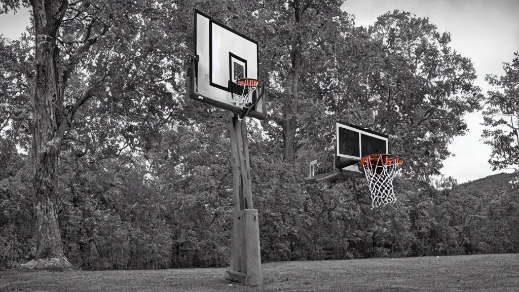 Prompt: a photograph of a basketball hoop from the freethrow line in a scenic location, in the styles of cameron look, andrew bernstein, and ansel!!! adams!!!. intricate, hyperrealistic, monochrome hdr, accurate court