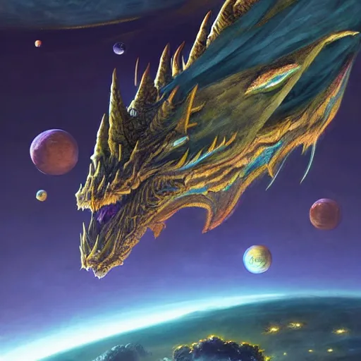 Prompt: Gigantic chrystalline blue scaled gold horned dragon devouring an earth like planet while flying in space, sun system, behemoth, nebula, oil painting, by Fernanda Suarez and Edgar Maxence and Greg Rutkowski