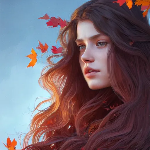 Image similar to girl with super long hair, hair becoming autumn red leaves, intricate, highly detailed, digital painting, artstation, concept art, smooth, sharp focus, illustration, unreal engine 5, 8 k, art by artgerm and greg rutkowski and alphonse mucha