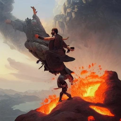 Prompt: ultra realistic illustration of an old fighter throwing his fighter son into a volcano, intricate, elegant, highly detailed, digital painting, artstation, concept art, smooth, sharp focus, illustration, art by artgerm and greg rutkowski and alphonse mucha