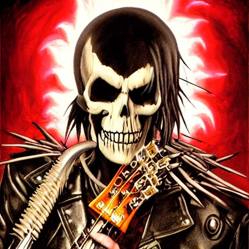 Image similar to a portrait of the grim reaper as a punk rocker playing an electric guitar, punk, skeleton face, mohawk, dark, fantasy, leather jackets, spiked collars, spiked wristbands, piercings, boots, ultrafine detailed painting by frank frazetta and vito acconci and michael whelan and takeshi obata, death note style, photoshop details