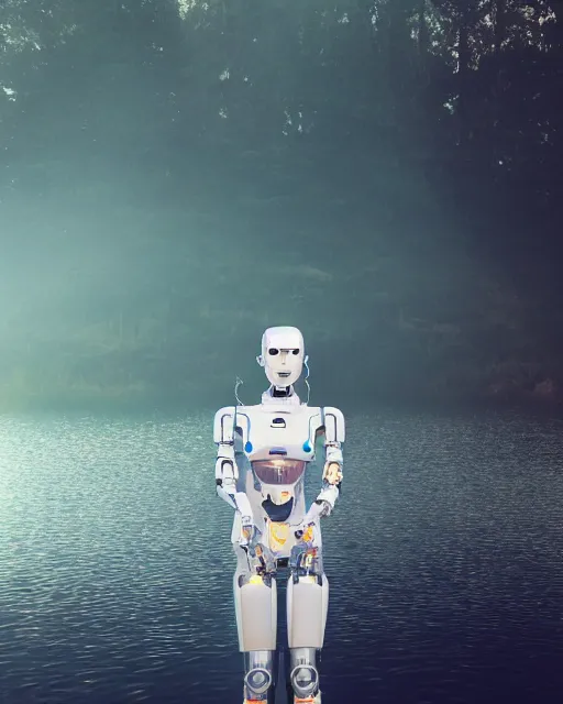 Prompt: beautiful centered photo portrait of hoyeon jung as a solarpunk robotic humanoid with white mechanical parts with bright halogen lights, walking through calm lake water, ultra - realistic and detailed, foggy background, sunset lighting, soft focus, slow exposure hdr 8 k