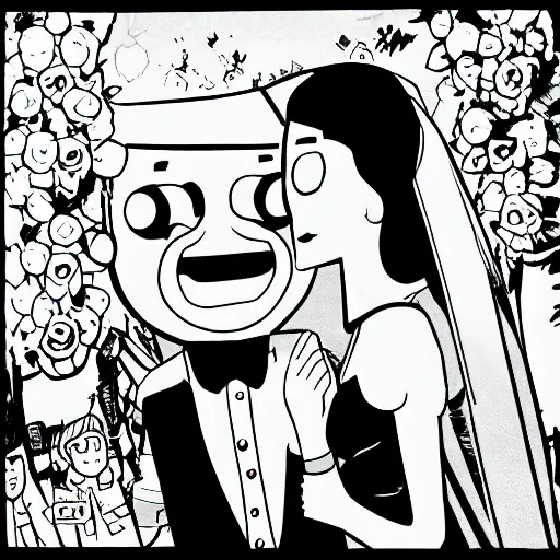 Prompt: gravity falls! white eyes black iris eye, wedding couple, cartoon, comics