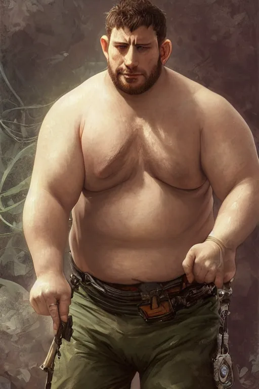 Image similar to portrait of chris redfield as a pathetically weak chubby man, forest, full body, obese, fantasy, intricate, elegant, highly detailed, digital painting, artstation, concept art, sharp focus, illustration, art by artgerm and greg rutkowski and alphonse mucha