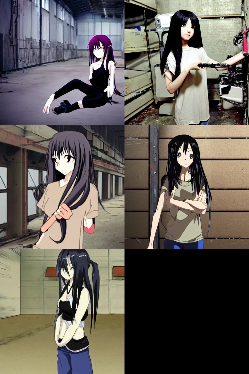 Prompt: A 2005 anime still of a 23 year old anime girl with long black hair, a baggy, worn out beige t shirt, and a mechanical arm in an abandoned warehouse