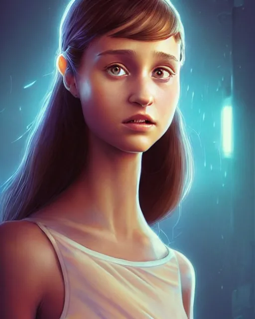 Image similar to weta disney pixar movie still head and torso portrait photo of young alicia vikander as thoughtful white plastic cyborg girl by pixar, by weta, wlop, ilya kuvshinov, rossdraws, artgerm, latex, iridescent, bright morning, anime, liosh, mucha