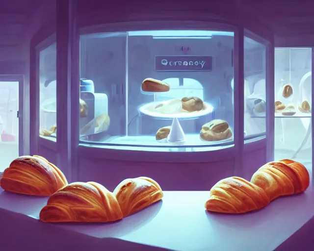 Prompt: alien bakery interior, cozy, bread and croissants, display case, surrealism, artstation, sylvain sarrailh