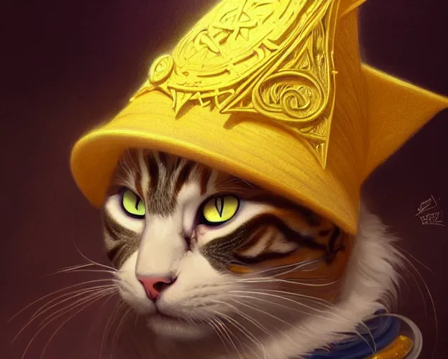 Image similar to a mind - blowing portrait of a cat wizard, yellow wizard hat, anthropomorphic, deep focus, d & d, fantasy, intricate, elegant, highly detailed, digital painting, artstation, concept art, matte, sharp, illustration, hearthstone, art by artgerm and greg rutkowski and alphonse mucha