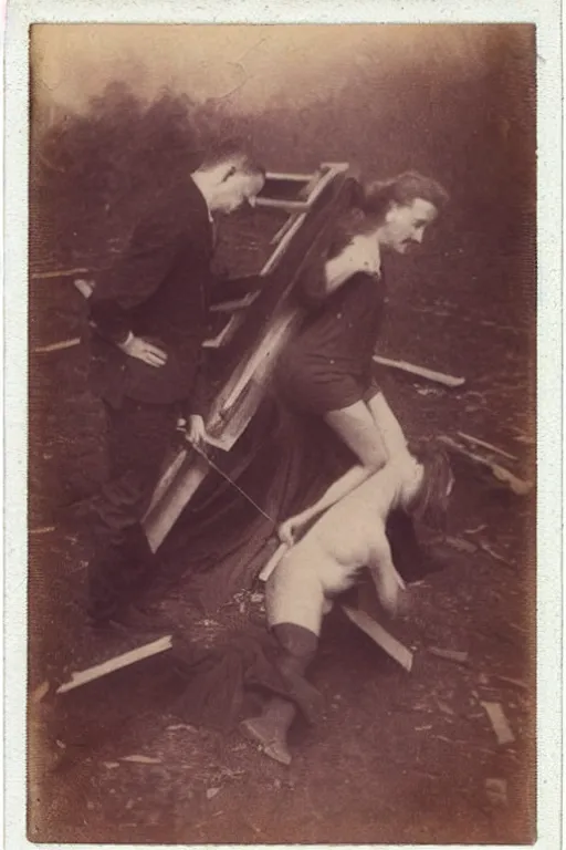 Image similar to man falling apart while a woman tries to hold the fallen parts, 1 9 1 0 polaroid photo