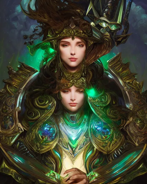 Image similar to Portrait of a Fantasy emerald knight, moonlit, HD, illustration, epic, D&D, fantasy, intricate, elegant, highly detailed, digital painting, artstation, concept art, smooth, sharp focus, illustration, art by artgerm and greg rutkowski and alphonse mucha, monster hunter illustrations art book