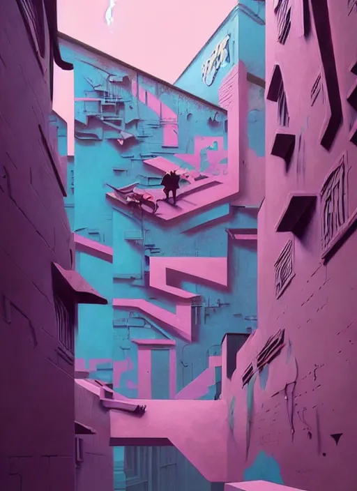 Image similar to matte painting extreme offset 3 d calligraphy graffiti mural dripping paint wall extreme maximalism by mc escher, by atey ghailan, by greg rutkowski, by greg tocchini, by james gilliard, by joe fenton, pink, brown, black and light blue color scheme, octane render