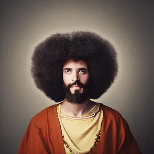 Image similar to jesus with a large afro, award winning portrait photography