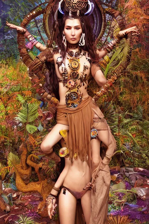 Prompt: cyberpunk aztec goddess in a zen rock garden, by Peter Kemp, by Artgerm, autumn, glamorous hairstyle, vermont fall colors, wearing translucent earthtone fashion, sad, Autumn, art nouveau by Brian Froud, frozen tear, berries, by Alphonse Mucha, highly detailed concept painting with cinematic lighting, trending on art station