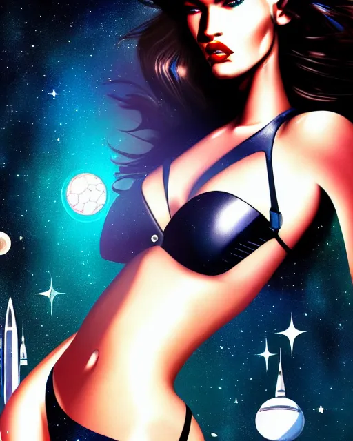 Prompt: closeup beautiful retro space megan fox varga girl, posing on a chrome space ship in diesel punk city, windblown dark hair, seductive, hyper detailed, digital art, smooth, sharp focus,