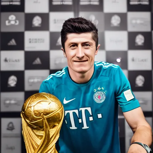 Image similar to portrait of Robert Lewandowski holding World Cup trophy, 4k, hq, high details, natural light, perfect quality, professional photography, award winning photo