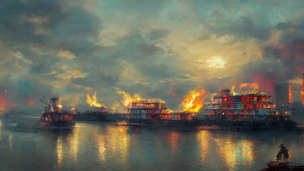 Prompt: a colorful steamboat on the mississippi, by yuumei, bayard wu, wlop, tim white, ross tran, 4 k