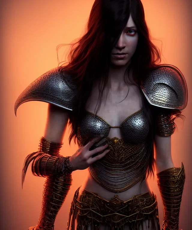 Prompt: hyperrealistic mixed media painting of a beautiful young female sorceress, stunning 3d render inspired art by P. Craig Russell and Barry Windsor-Smith + perfect facial symmetry + dim volumetric lighting, long straight black hair, pale skin, ornate crimson chainmail armor, dizzy, full body, confident heroic pose, 8k octane beautifully detailed render, post-processing, extremely hyperdetailed, intricate, epic composition, grim yet sparkling atmosphere, cinematic lighting + masterpiece, trending on artstation, very very detailed, masterpiece, stunning