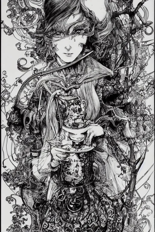 Image similar to Magical Alice in wonderland tarot card , pen and ink, intricate line drawings, by Yoshitaka Amano, Ruan Jia, Kentaro Miura, Artgerm, watercolor