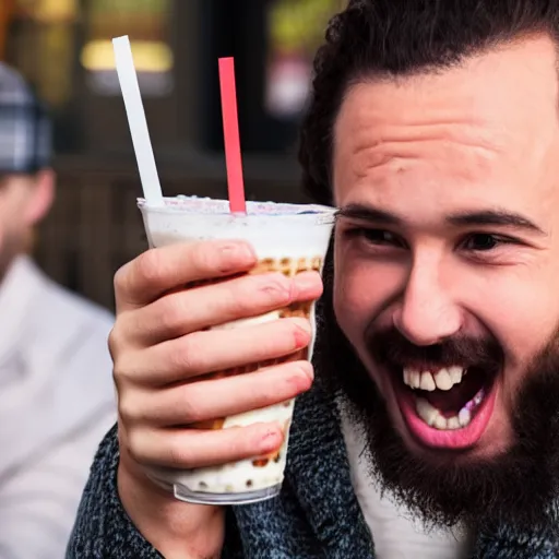 Prompt: flash photograph of a man holding a milkshake casually next to a terrifying monster