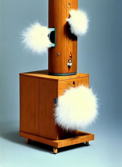 Prompt: realistic photo of a a medieval wooden electronic astronomic archeology scientific chemistry ornithology equipment made of oak wood and brushwood, with white fluffy fur, by dieter rams 1 9 9 0, life magazine reportage photo, natural colors