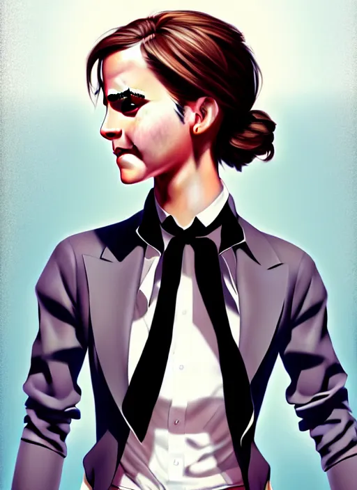 Prompt: a ultradetailed beautiful panting of emma watson wearing a stylish shirt with a tie, she has black hair, dancing, beautiful face, background explosion, by jesper ejsing, ilya kuvshinov, greg rutkowski on artstation