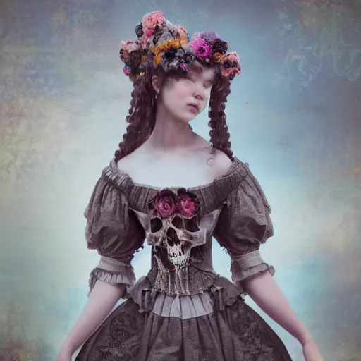 Image similar to 8 k, octane render, realism, tonalism, renaissance, rococo, baroque, cotton candy, creepy young lady wearing long highly detailed dutch renaissance harajuku manga dress with flowers and skulls ( background chaotic flowers )