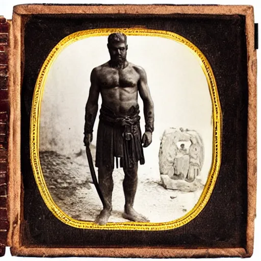 Image similar to spartan man and his helot slave, helot, ancient sparta, daguerreotype photograph, ancient photograph