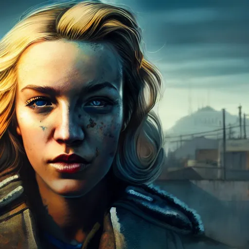 Prompt: fallout 5, charismatic beautiful rugged blonde female protagonist, portrait, outdoors ruined cityscape, atmospheric lighting, painted, intricate, volumetric lighting, beautiful, daytime, slight overcast weather, sharp focus, deep colours, golden hour, ultra detailed, by leesha hannigan, ross tran, thierry doizon, kai carpenter, ignacio fernandez rios