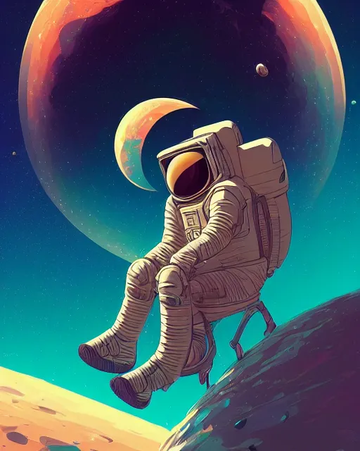 Prompt: wide shoot portrait of ethereal cosmonaut lie relaxed on a crescent moon between the stars and the planets in outer space, cosmonaut post grunge concept art,high detail,4k, trending on artstation by josan gonzalez, wlop, dan mumford and tyler edlin