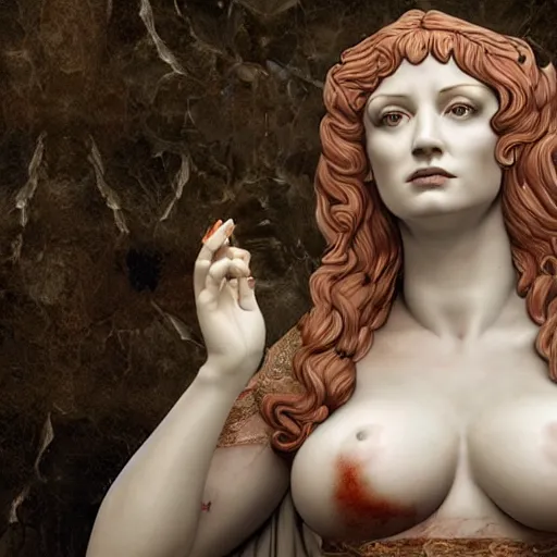 Prompt: photorealistic render of roman marble statue of Christina Hendricks as succubus, artistic, intricate, elegant, whispy flowing robes