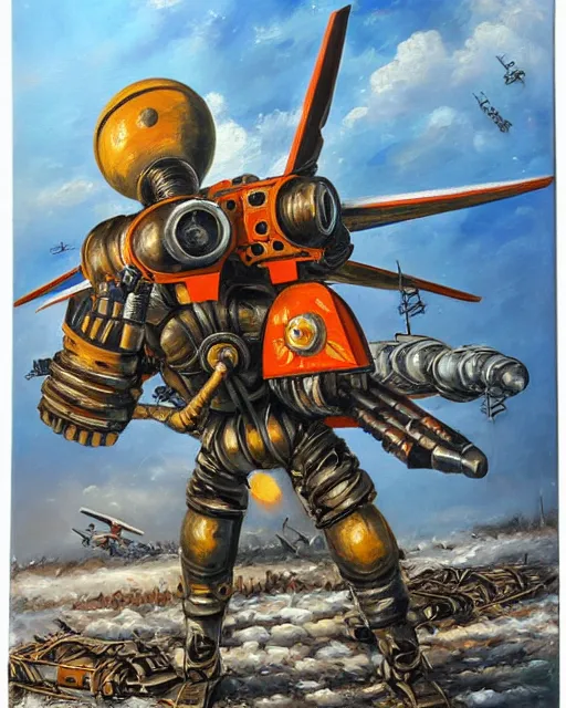 Prompt: sukhoi mech!!! armed with rockets and a minigun, humanoid figure, round machines, oil painting, soviet ( ( ( ( airplane ) ) ) ), tribal yurta, postapocalyptic, sharp focus