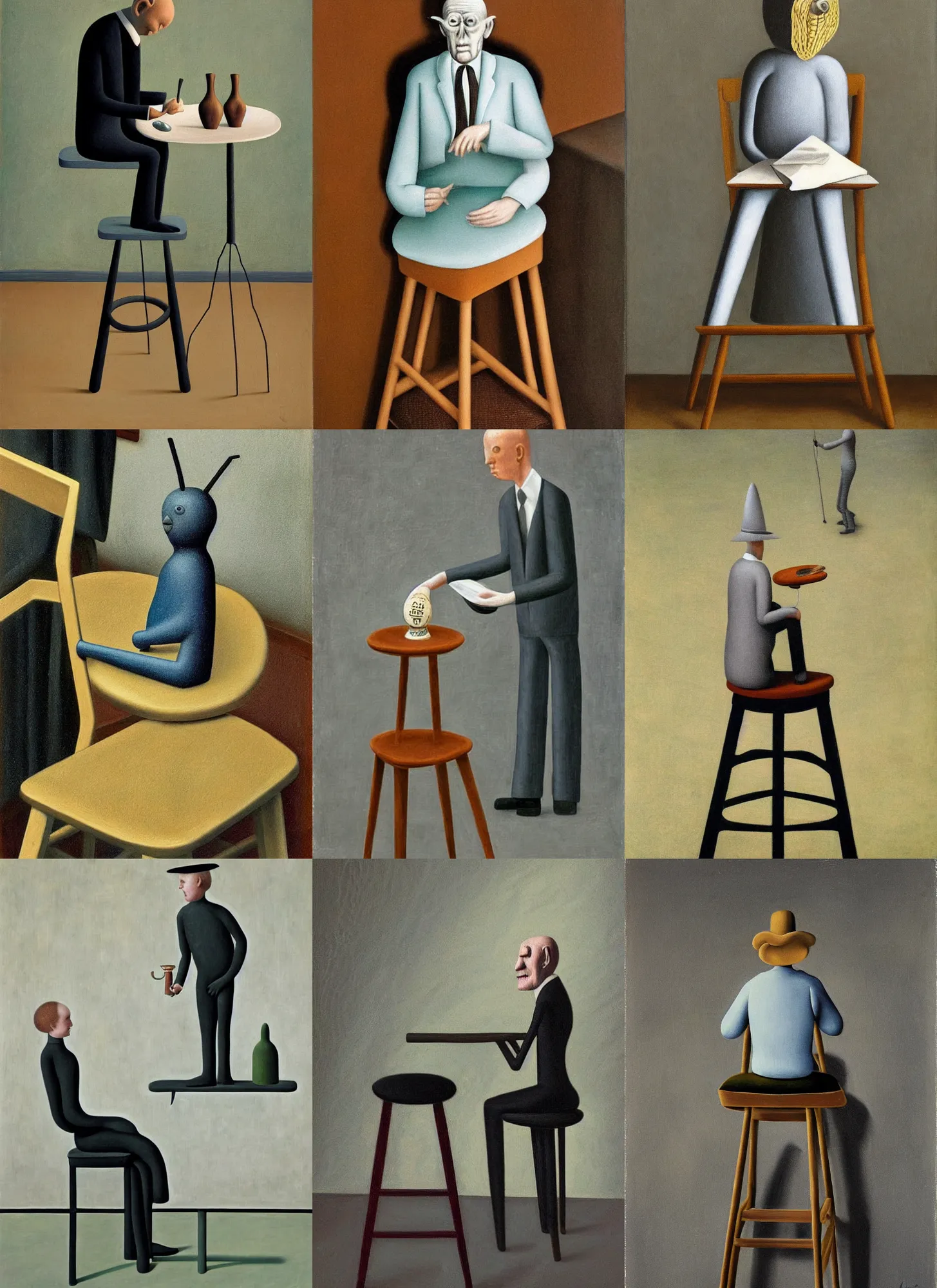 Prompt: i'm on a bar stool the age my father died, surrealism, color, by gertrude abercrombie