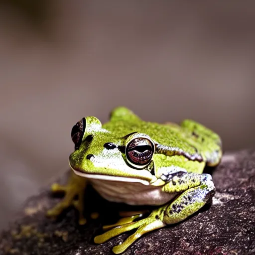 Image similar to closeup of a frog sitting on a stone in a forest, wildlife photography