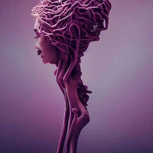 Prompt: flume and former cover art future bass girl un wrapped statue bust curls of hair petite fertility lower body legs lush desire photography model full body intimate art futuristic branches fractal material style of Jonathan Zawada, Thisset colours