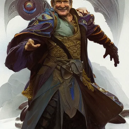 Prompt: robin williams as a sorcerer, in the style of magic the gathering, glacier landscape, d & d, fantasy, intricate, elegant, highly detailed, digital painting, artstation, concept art, matte, sharp focus, illustration, art by artgerm and greg rutkowski and alphonse mucha