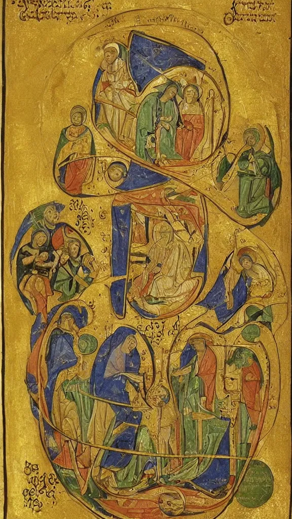 Image similar to scivias i. 3 : god, cosmos, and humanity is a medieval ink and gold leaf drawing created by hildegard von bingen in 1 1 6 5