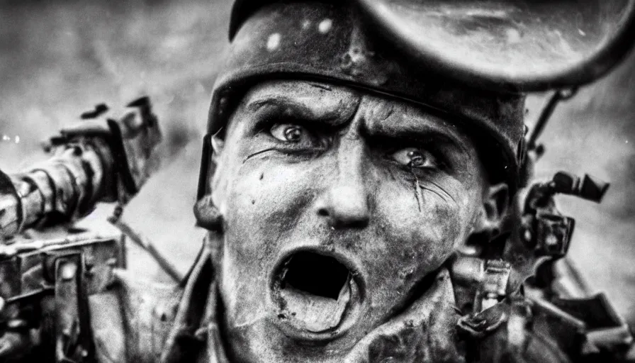 Image similar to World War 1 soldier screaming in horror, close-up of face, wartorn landscape, bullets whizzing past camera, dirty lens, shallow depth of field, cinematic lighting, IMAX, cinematography, 35mm