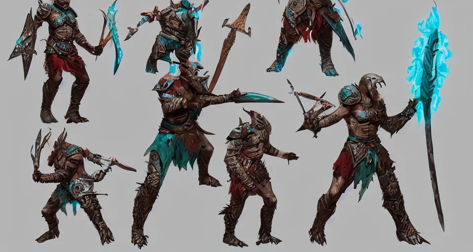 Image similar to concept art of a wounded DnD dragonborn barbarian with a lot of battlescars and wielding a turquoise lightning spear, character design, concept art, render, fullbody shot turnaround, trending on artstation