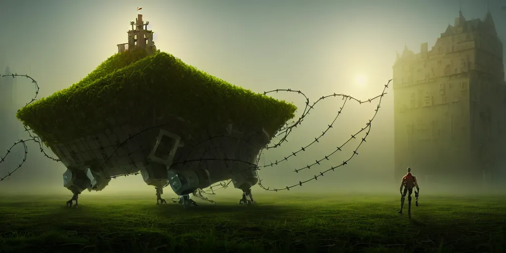 Image similar to a walking mechanical castle with legs, vines, pilar, hyperrealistic, highly detailed, cinematic, single ray of sun, fog, beautiful, cgssociety, artstation, 8 k, oil painting