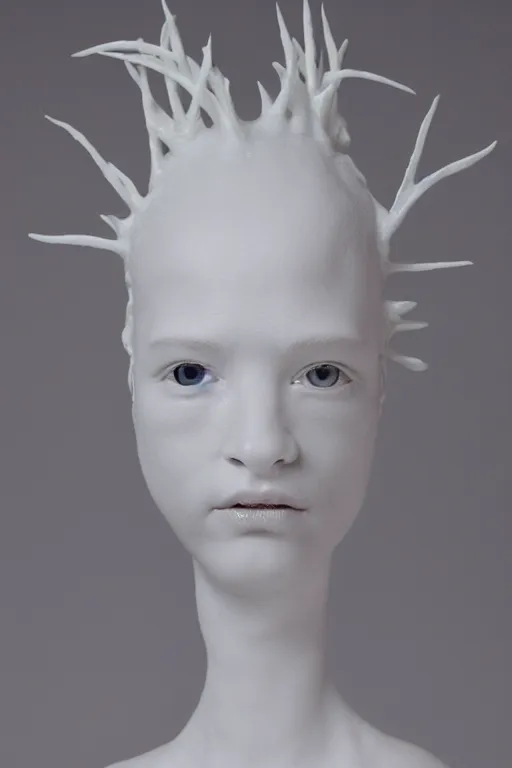 Image similar to full head and shoulders, beautiful female porcelain sculpture mixed with an axolotls, by daniel arsham and raoul marks, smooth, all white features on a white background, delicate facial features, white eyes, white lashes, detailed white 3 d lizards on the head