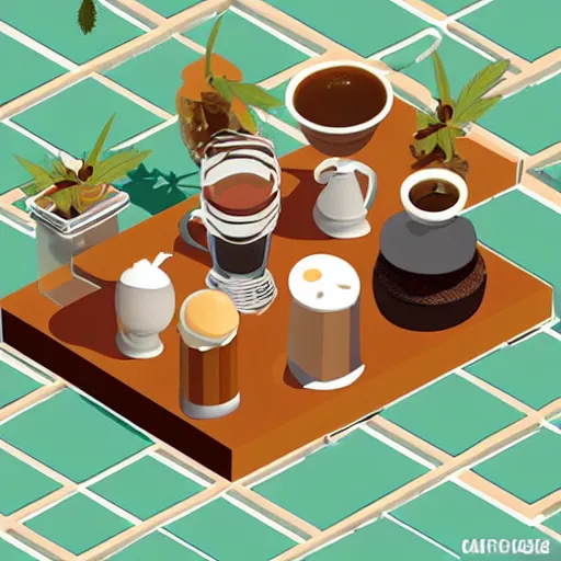 Image similar to cannabis coffee and cake cafe isometric fun 3 d cartoon, beautiful composition structure