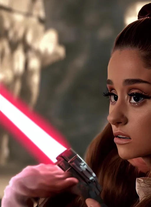 Prompt: a beautiful still of Ariana Grande in a stars wars film, dramatic, cinematic lighting